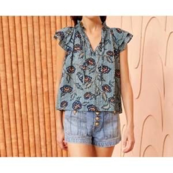 Ulla Johnson Annie Top Womens 2 Cornflower Blue Floral Cotton Blend Blouse Boho - Picture 15 of 15